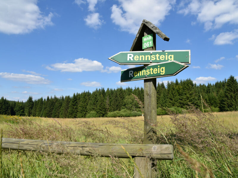 Rennsteig Schild im Thüringer Wald